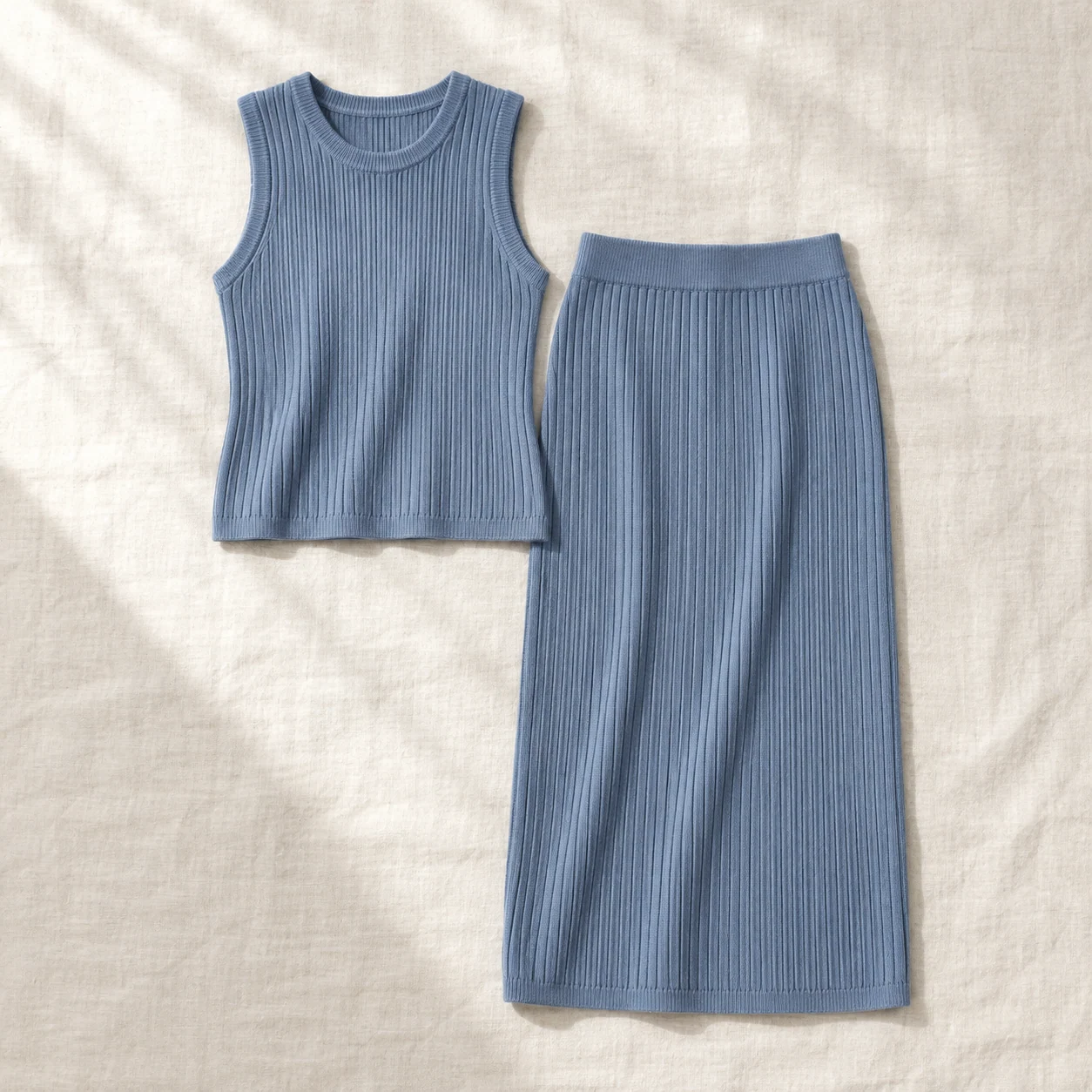 Blue Hour Knit Set in dusty blue, clothing product photograph