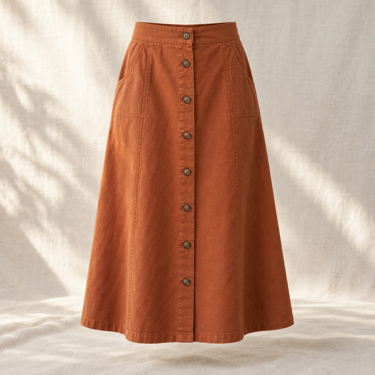 Clementine Button Skirt in rust, clothing product photograph