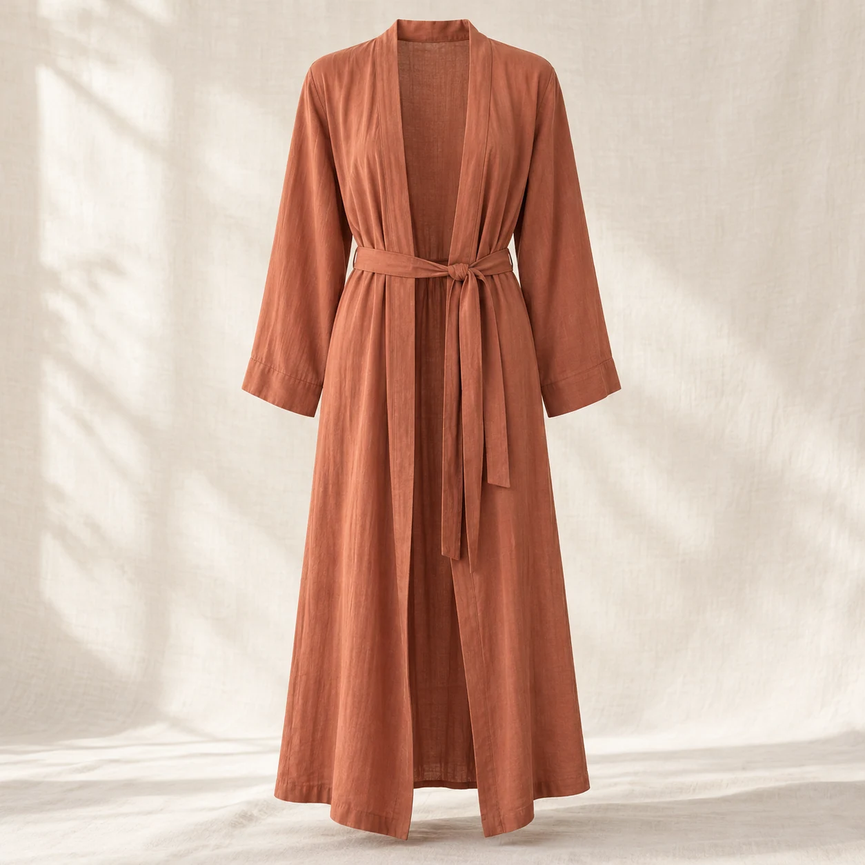 Drift Lightweight Duster in terracotta, clothing product photograph