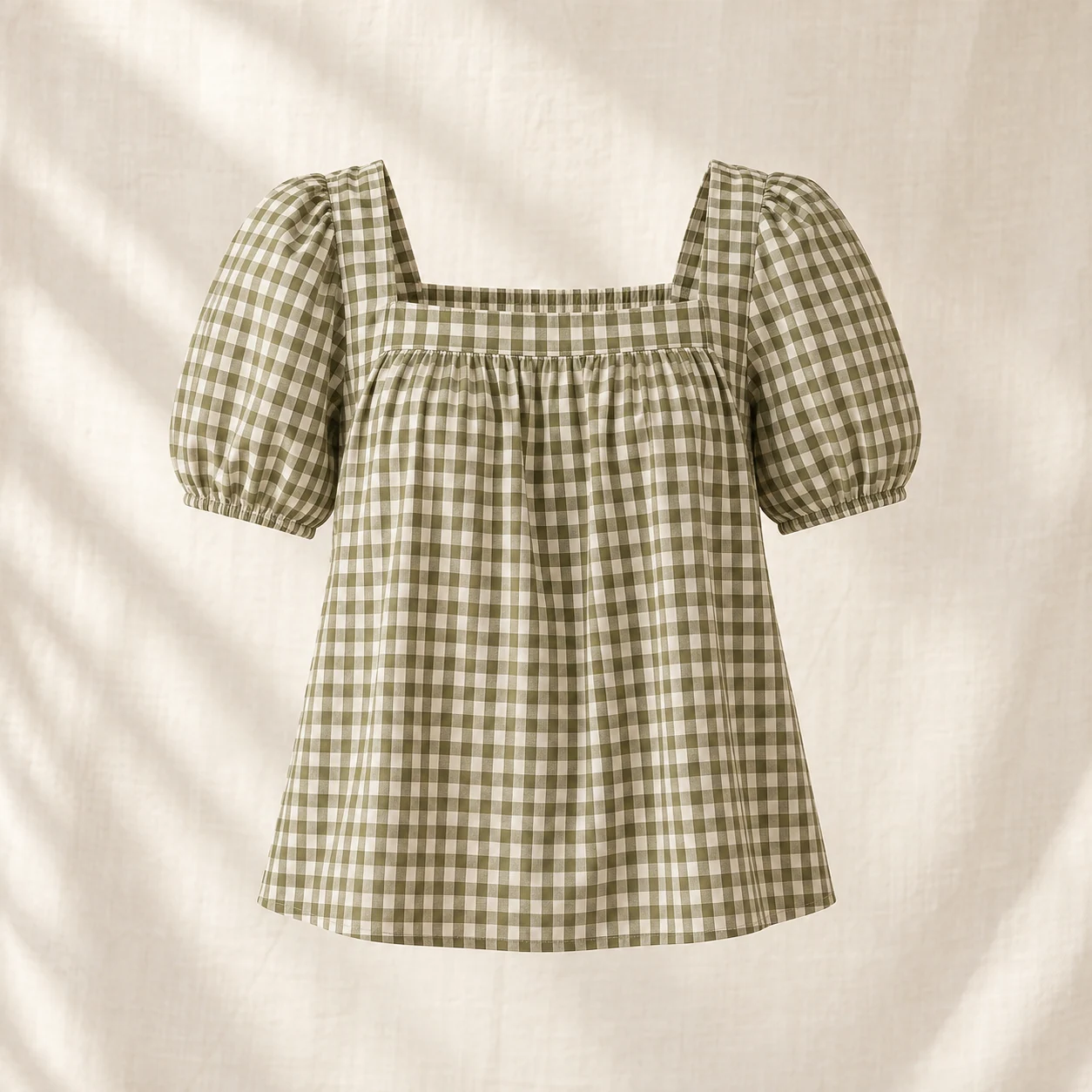 Picnic Check Top in olive check, clothing product photograph