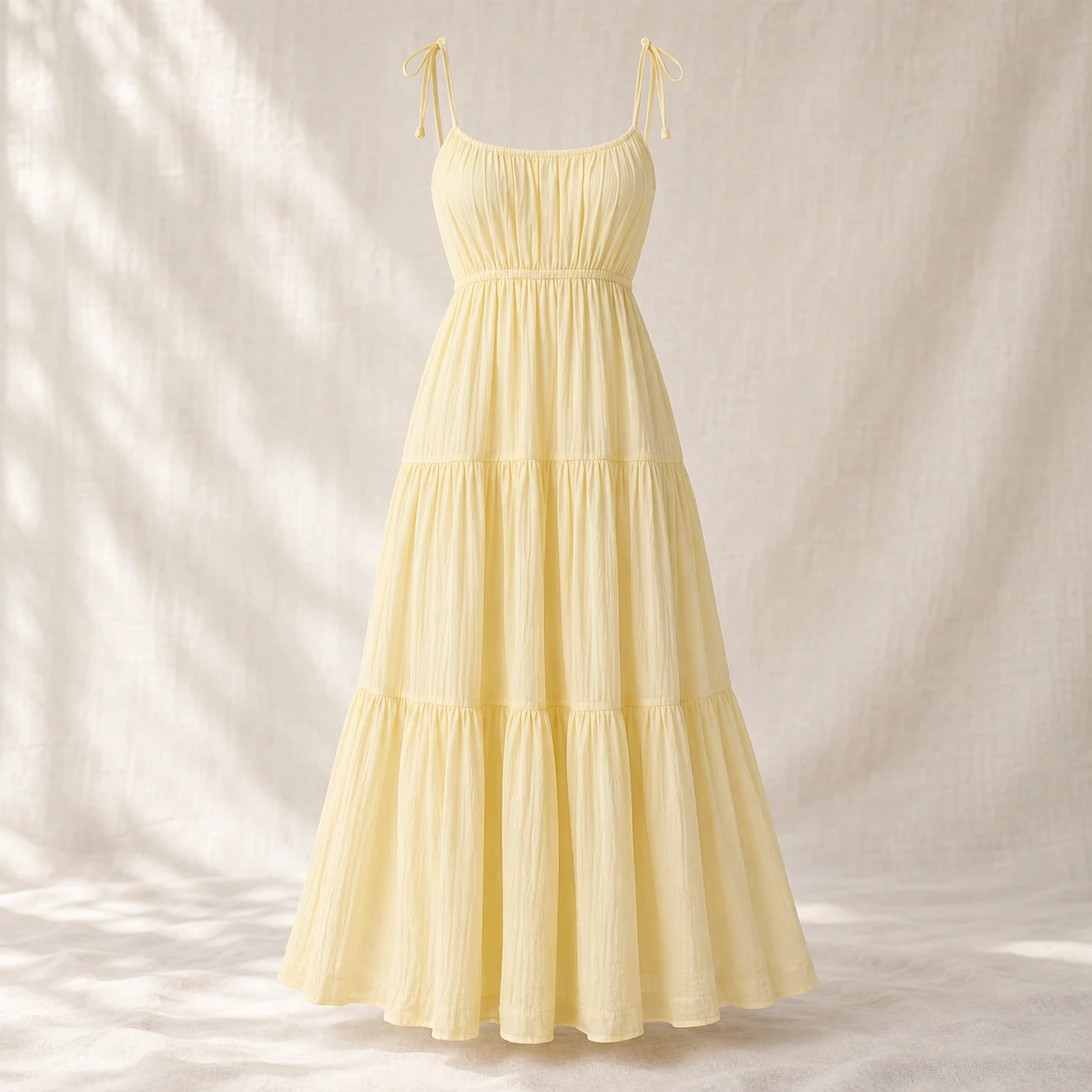 Seabreeze Tiered Dress in butter yellow, clothing product photograph